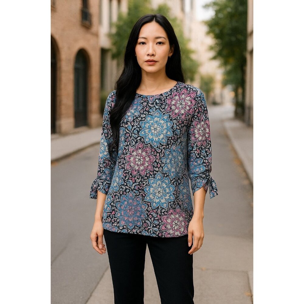 Croft & Barrow Womens Small Floral Print 3/4 Tie Sleeve Blouse